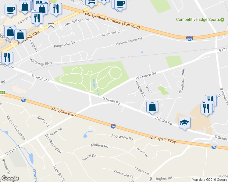 map of restaurants, bars, coffee shops, grocery stores, and more near 529 West Church Road in King of Prussia
