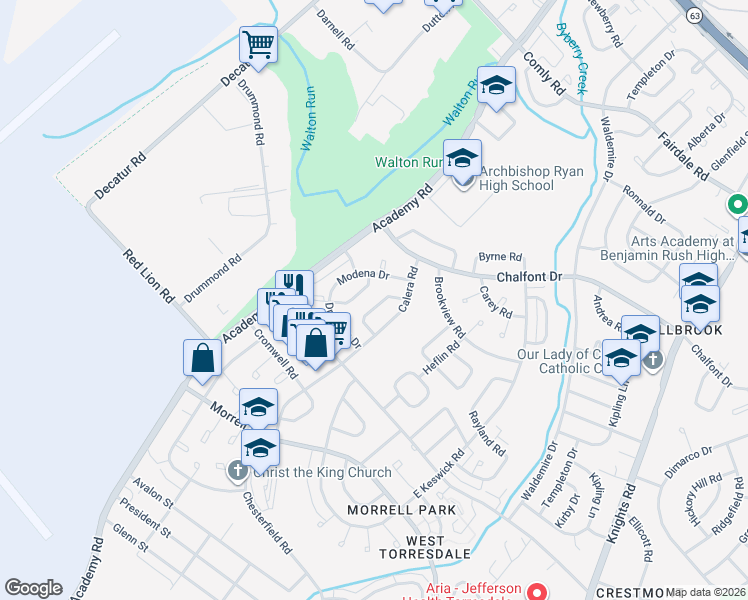 map of restaurants, bars, coffee shops, grocery stores, and more near 10835 Harrow Road in Philadelphia