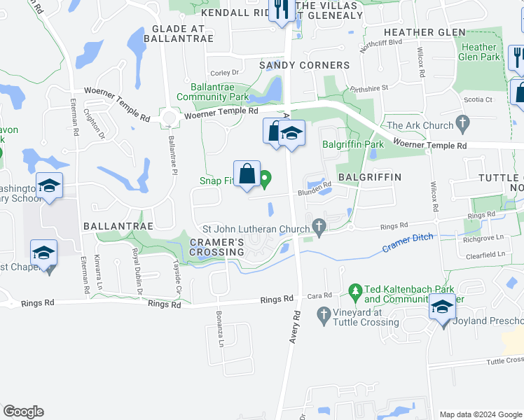 map of restaurants, bars, coffee shops, grocery stores, and more near 6255 Corporate Center Drive in Dublin