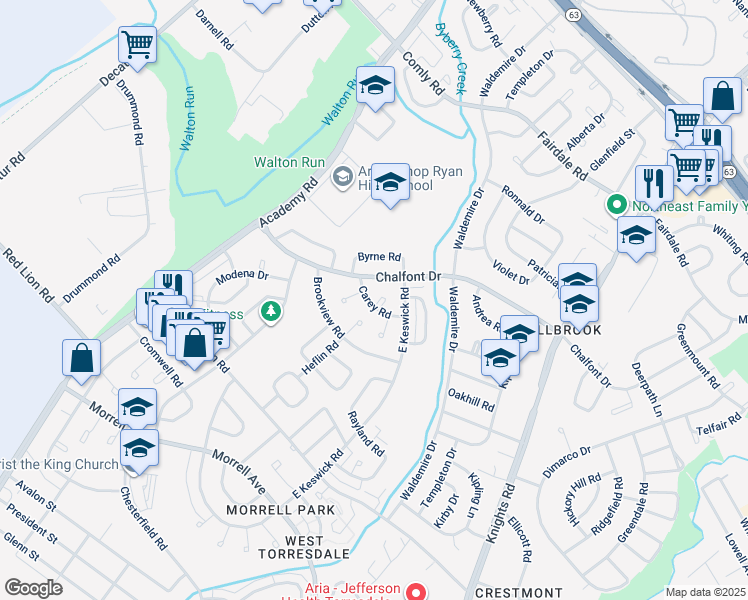 map of restaurants, bars, coffee shops, grocery stores, and more near 10930 Carey Plaza in Philadelphia