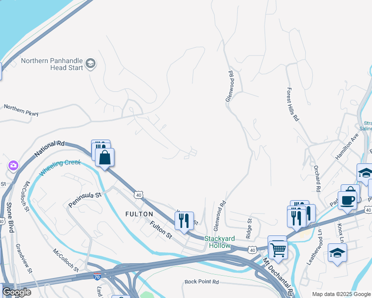 map of restaurants, bars, coffee shops, grocery stores, and more near 125 Eagle Avenue in Wheeling