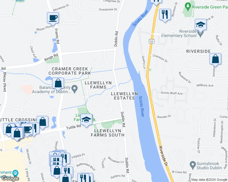 map of restaurants, bars, coffee shops, grocery stores, and more near 5617 Dublin Road in Dublin