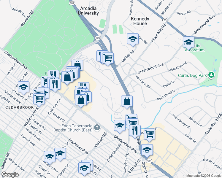 map of restaurants, bars, coffee shops, grocery stores, and more near 58 Old Cedarbrook Road in Wyncote
