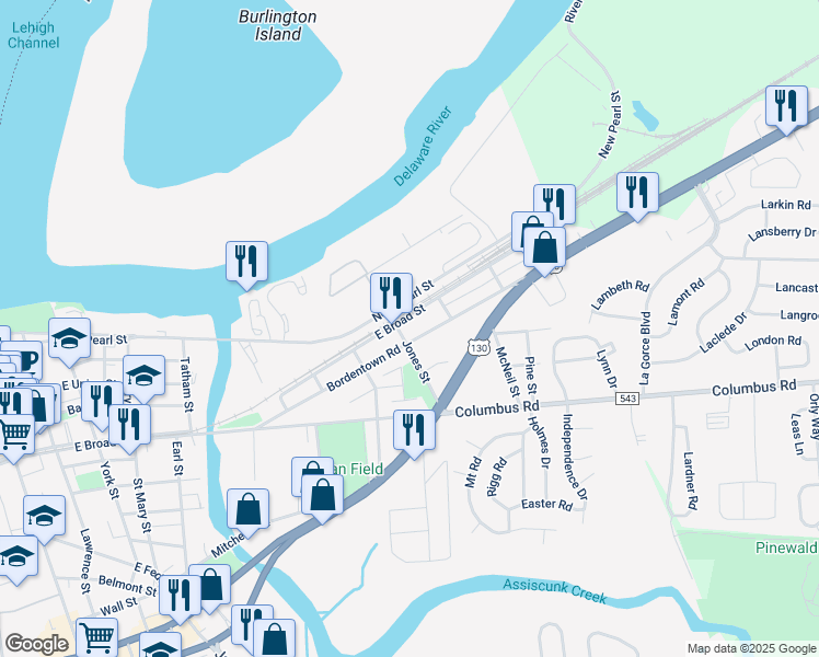 map of restaurants, bars, coffee shops, grocery stores, and more near 909 Bordentown Road in Burlington