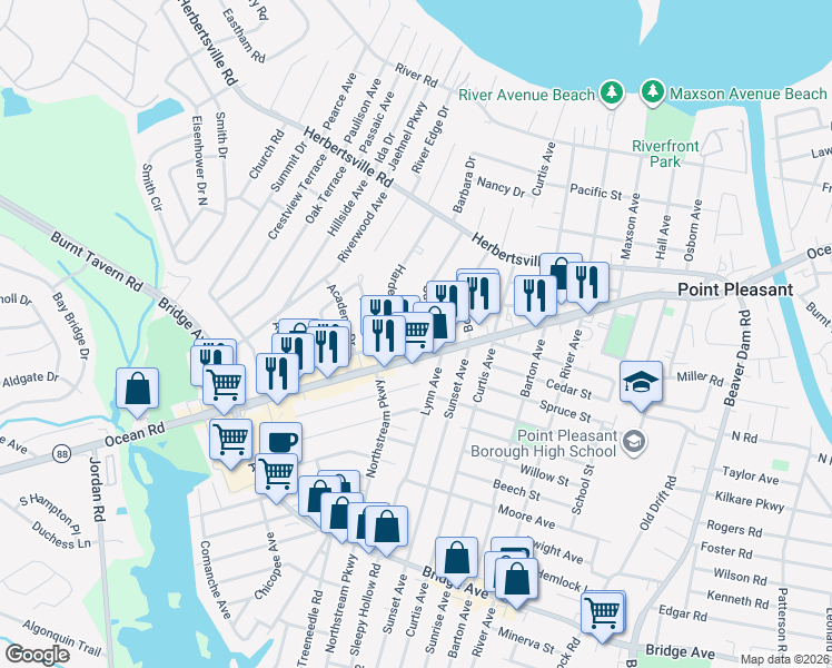 map of restaurants, bars, coffee shops, grocery stores, and more near 620 Hardenberg Avenue in Point Pleasant