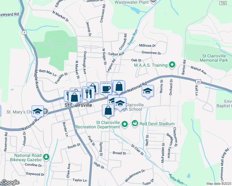 map of restaurants, bars, coffee shops, grocery stores, and more near 183 East Main Street in Saint Clairsville