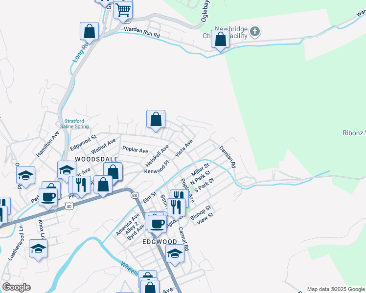 map of restaurants, bars, coffee shops, grocery stores, and more near 158 Edgwood Street in Wheeling