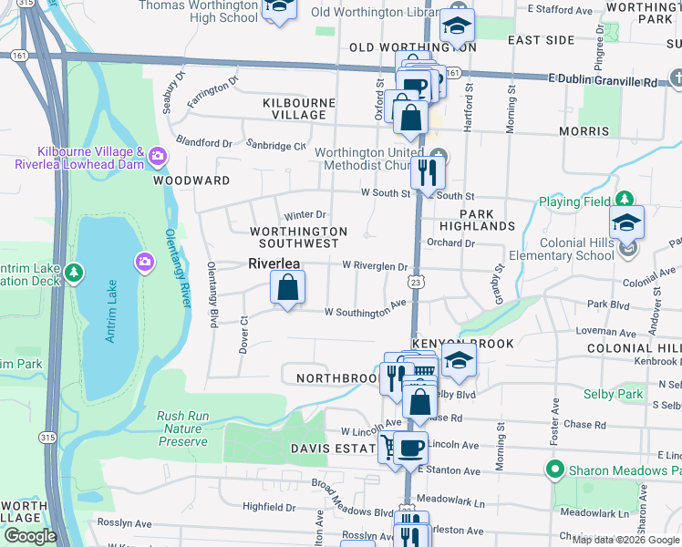map of restaurants, bars, coffee shops, grocery stores, and more near 127 W Riverglen Dr in Worthington