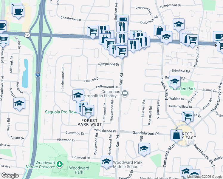 map of restaurants, bars, coffee shops, grocery stores, and more near 5605 Hazelwood Road in Columbus