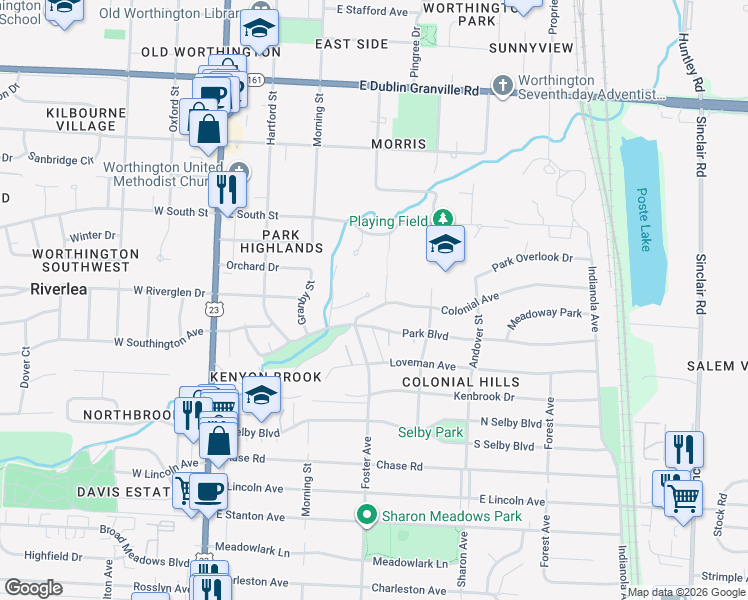 map of restaurants, bars, coffee shops, grocery stores, and more near 250 Colonial Avenue in Worthington