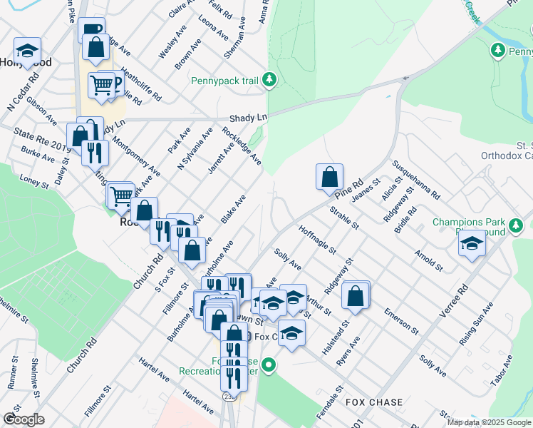 map of restaurants, bars, coffee shops, grocery stores, and more near 8224 Rockwell Avenue in Philadelphia
