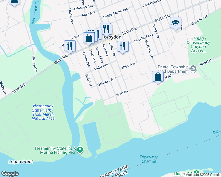 map of restaurants, bars, coffee shops, grocery stores, and more near 1123 3rd Avenue in Croydon