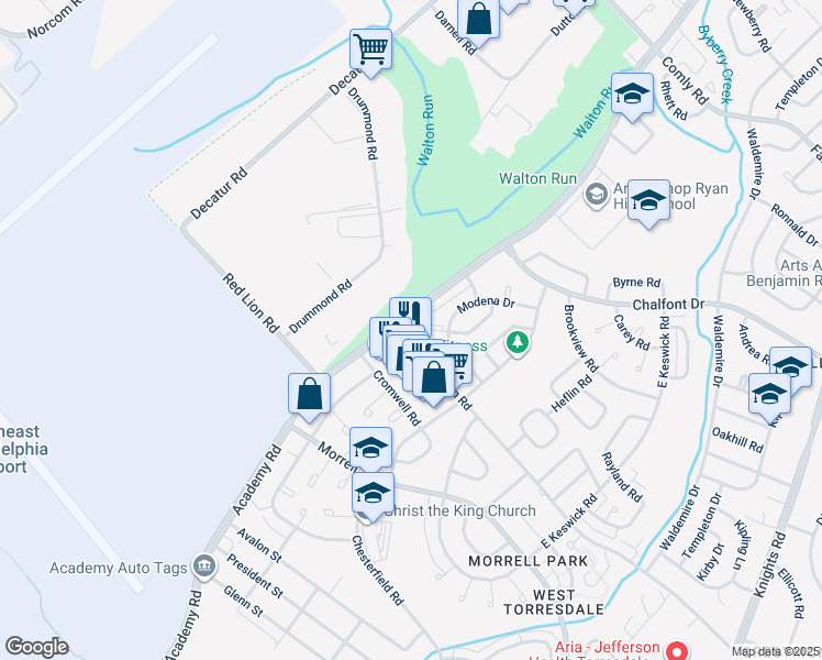 map of restaurants, bars, coffee shops, grocery stores, and more near 3207 Red Lion Road in Philadelphia
