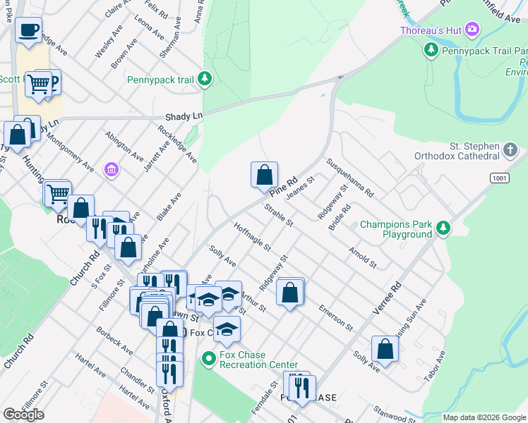 map of restaurants, bars, coffee shops, grocery stores, and more near 8332 Jeanes Street in Philadelphia