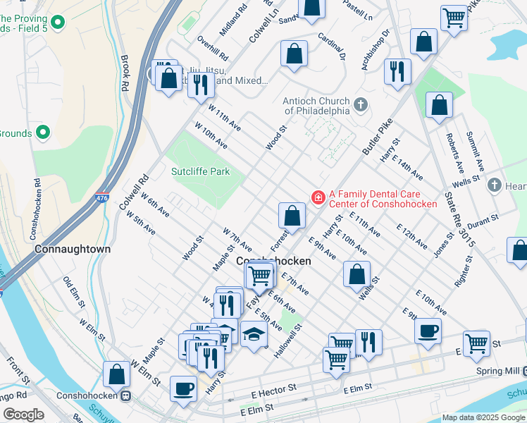 map of restaurants, bars, coffee shops, grocery stores, and more near 133 West 9th Avenue in Conshohocken