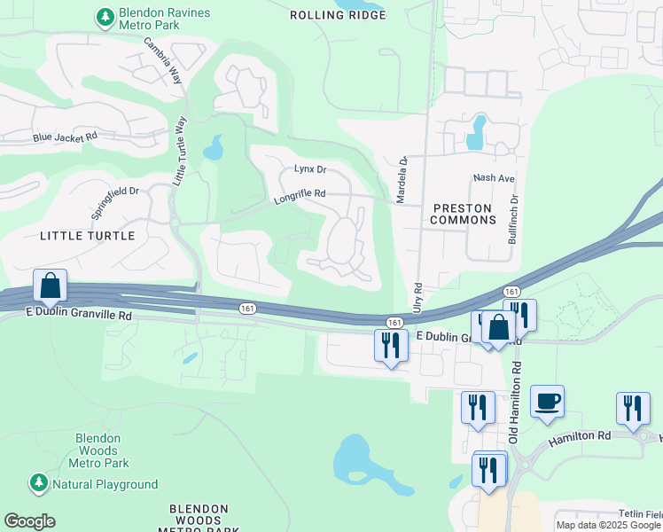 map of restaurants, bars, coffee shops, grocery stores, and more near Sutterton Lane in Westerville