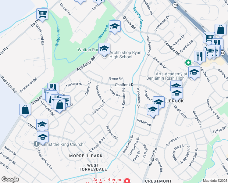 map of restaurants, bars, coffee shops, grocery stores, and more near 10930 Carey Plaza in Philadelphia