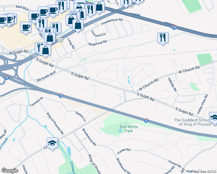 map of restaurants, bars, coffee shops, grocery stores, and more near 251 South Gulph Road in King of Prussia