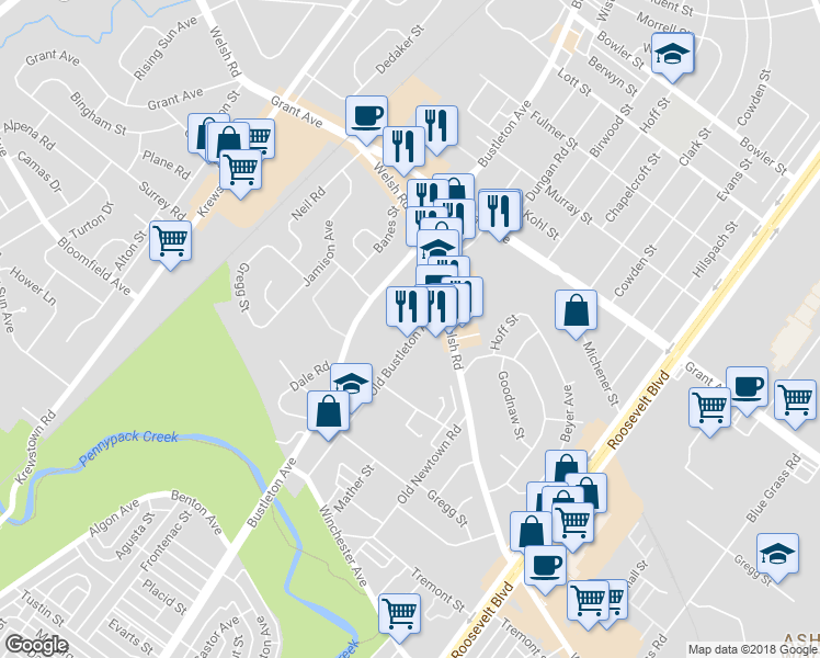 map of restaurants, bars, coffee shops, grocery stores, and more near 9304 Old Bustleton Avenue in Philadelphia