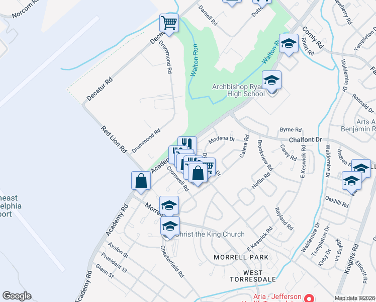 map of restaurants, bars, coffee shops, grocery stores, and more near 3207 Red Lion Road in Philadelphia