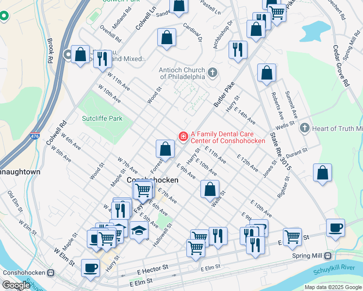 map of restaurants, bars, coffee shops, grocery stores, and more near 1007 Fayette Street in Conshohocken