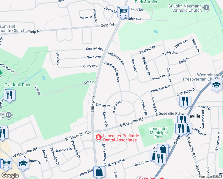 map of restaurants, bars, coffee shops, grocery stores, and more near 1942 Sterling Place in Lancaster