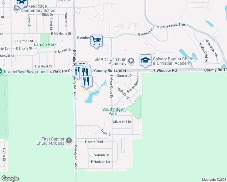 map of restaurants, bars, coffee shops, grocery stores, and more near 2810 South Myra Ridge Drive in Urbana
