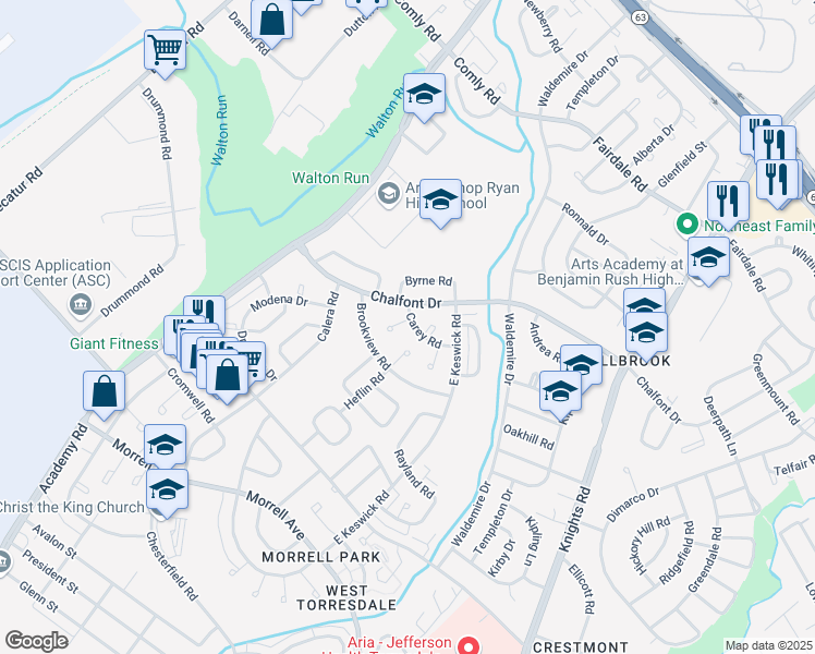 map of restaurants, bars, coffee shops, grocery stores, and more near 10927 Carey Terrace in Philadelphia