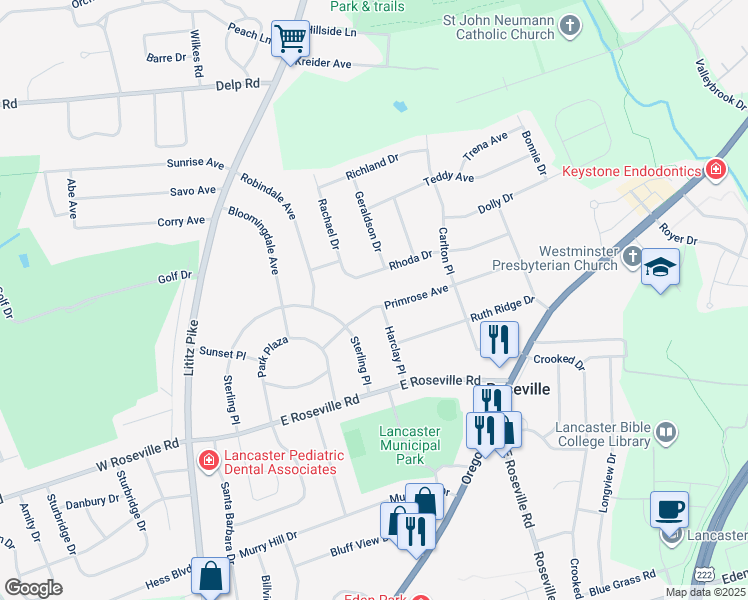 map of restaurants, bars, coffee shops, grocery stores, and more near 255 Primrose Avenue in Lancaster