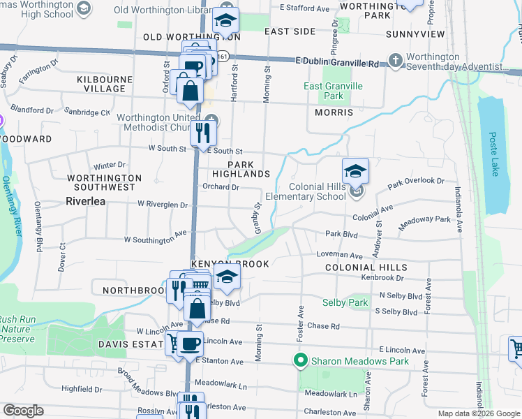 map of restaurants, bars, coffee shops, grocery stores, and more near 5798 Granby Street in Worthington