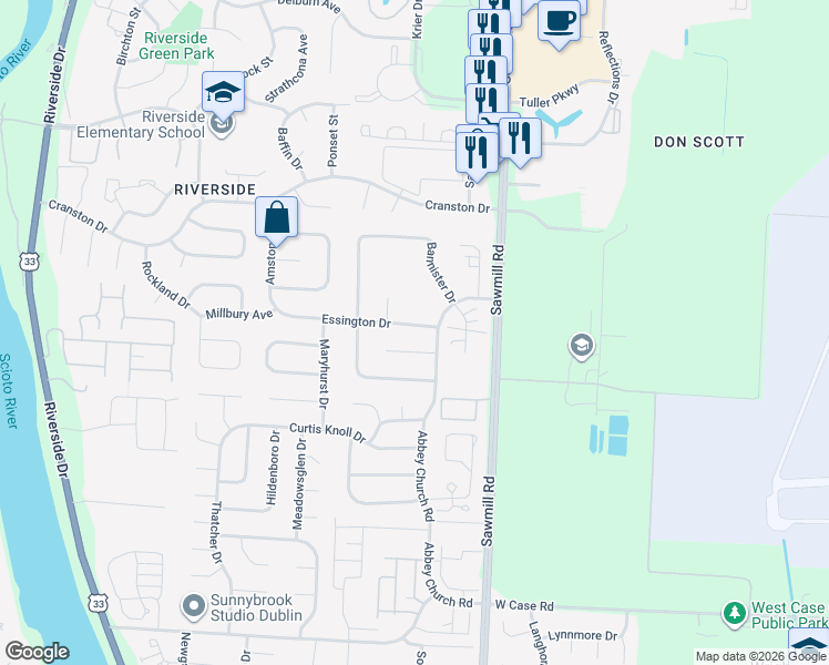 map of restaurants, bars, coffee shops, grocery stores, and more near 2939 Essington Dr in Dublin
