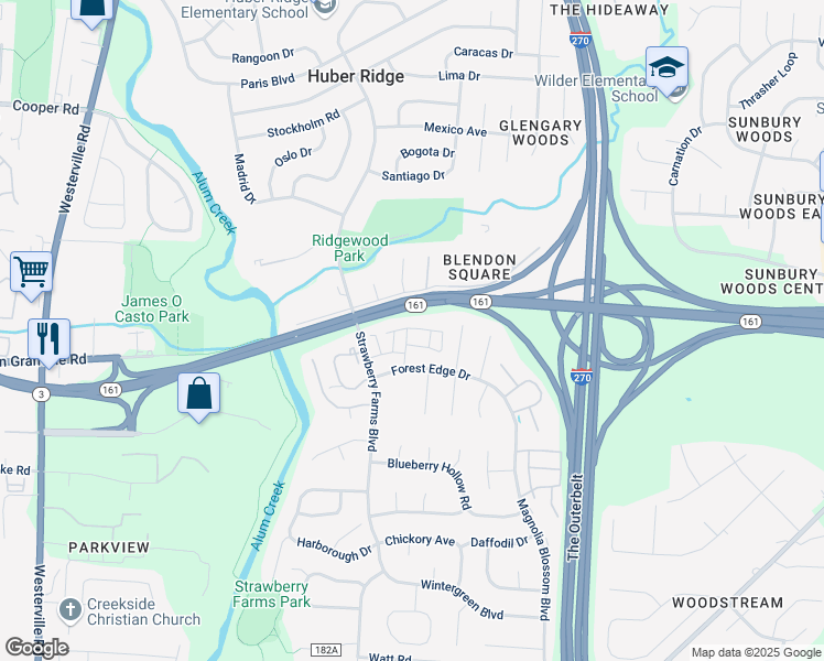 map of restaurants, bars, coffee shops, grocery stores, and more near 3889 Four Pointe Farms Lane in Columbus