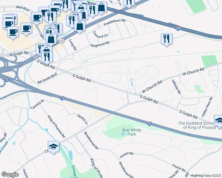 map of restaurants, bars, coffee shops, grocery stores, and more near 251 South Gulph Road in King of Prussia