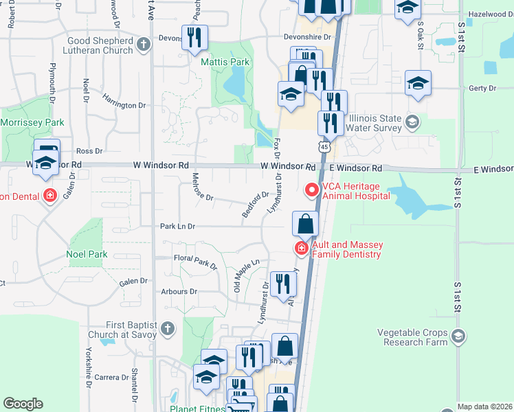 map of restaurants, bars, coffee shops, grocery stores, and more near 2508 Bedford Drive in Champaign