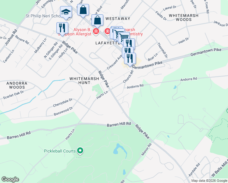map of restaurants, bars, coffee shops, grocery stores, and more near 3005 Park Avenue in Lafayette Hill