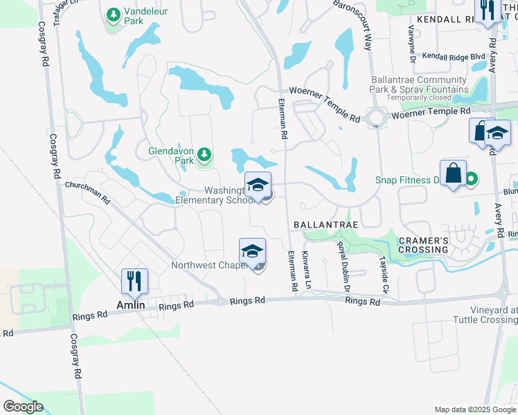 map of restaurants, bars, coffee shops, grocery stores, and more near 5675 Eiterman Road in Dublin
