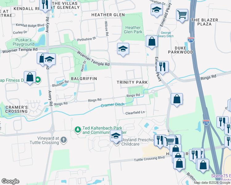map of restaurants, bars, coffee shops, grocery stores, and more near 5682 Wilcox Road in Dublin