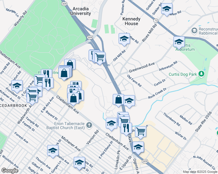 map of restaurants, bars, coffee shops, grocery stores, and more near 8440 Limekiln Pike in Wyncote