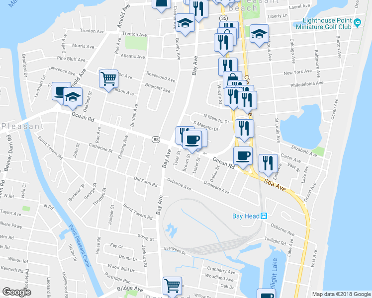 map of restaurants, bars, coffee shops, grocery stores, and more near 642 Highway 88 in Point Pleasant