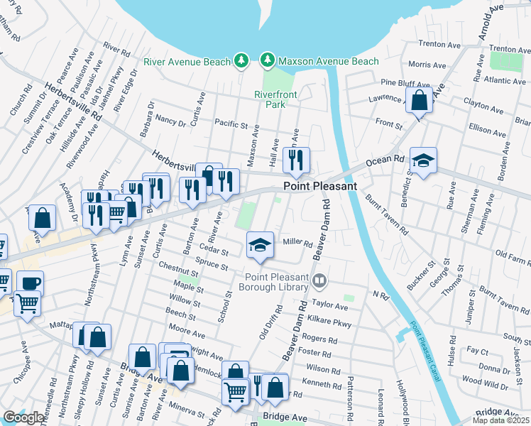 map of restaurants, bars, coffee shops, grocery stores, and more near 717 Oakwood Road in Point Pleasant