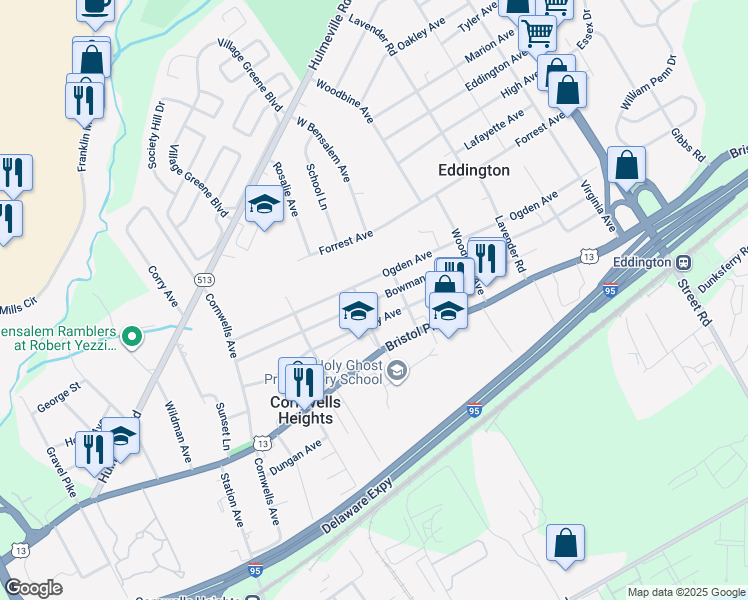 map of restaurants, bars, coffee shops, grocery stores, and more near 2452 Bowman Avenue in Bensalem