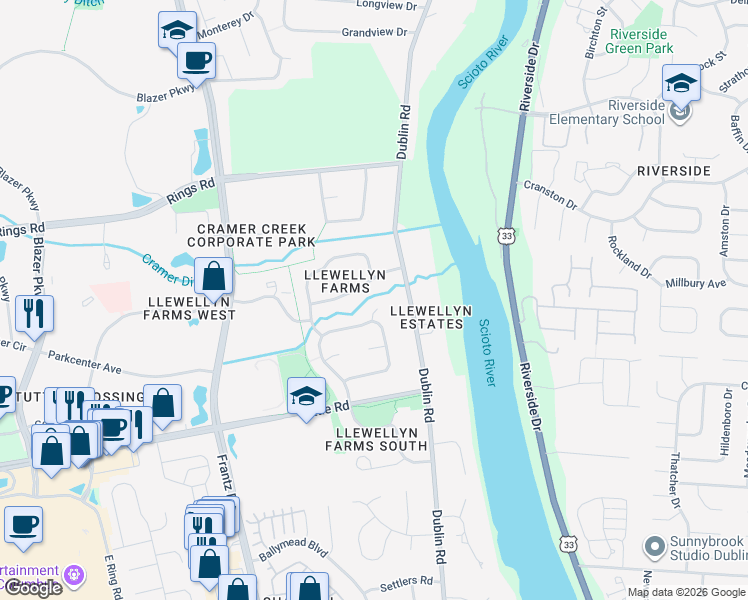 map of restaurants, bars, coffee shops, grocery stores, and more near 5597 Braeside Court in Dublin