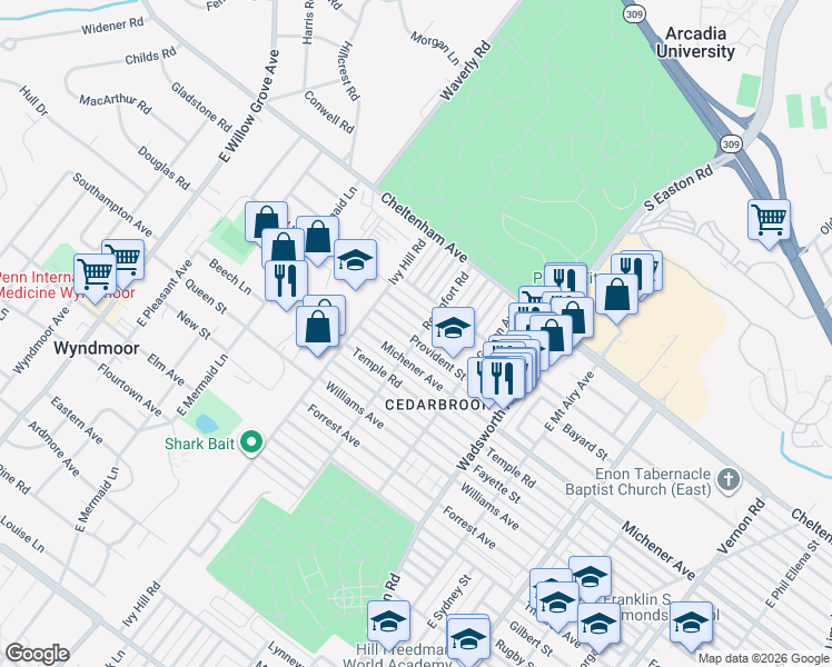 map of restaurants, bars, coffee shops, grocery stores, and more near 8601 Provident Road in Philadelphia