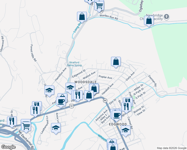map of restaurants, bars, coffee shops, grocery stores, and more near 41 Walnut Ave in Wheeling