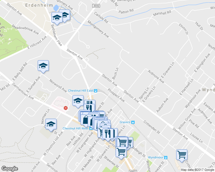 map of restaurants, bars, coffee shops, grocery stores, and more near 8711 Prospect Avenue in Philadelphia