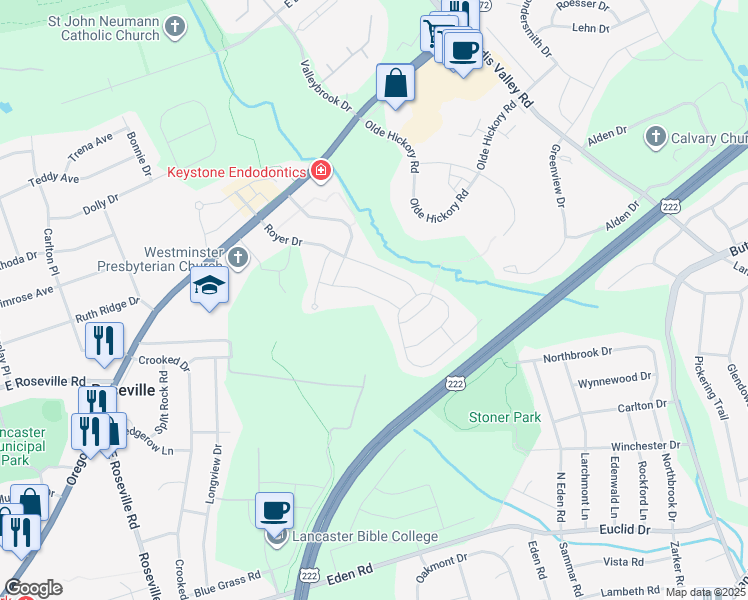 map of restaurants, bars, coffee shops, grocery stores, and more near 577 Hannigan Drive in Lancaster