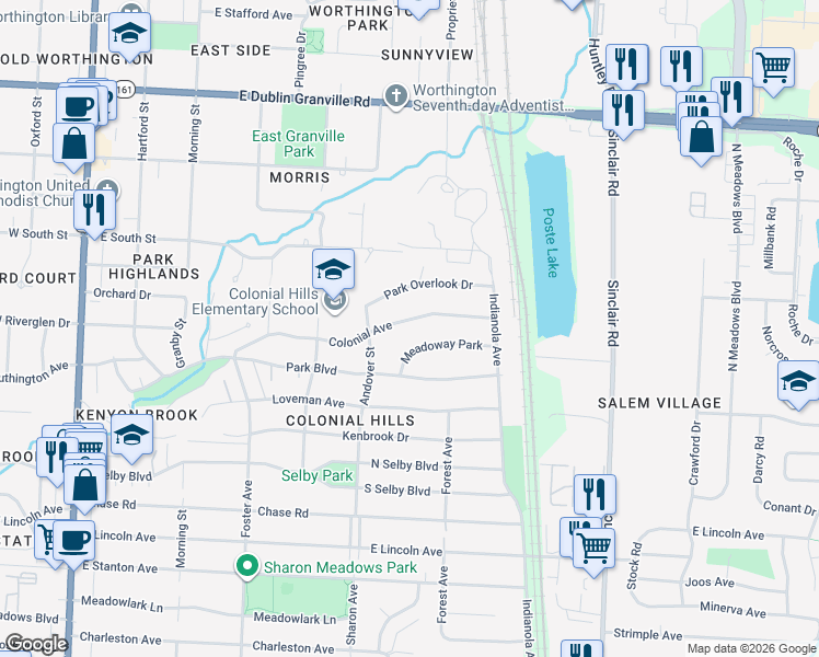 map of restaurants, bars, coffee shops, grocery stores, and more near 471 Colonial Ave in Worthington