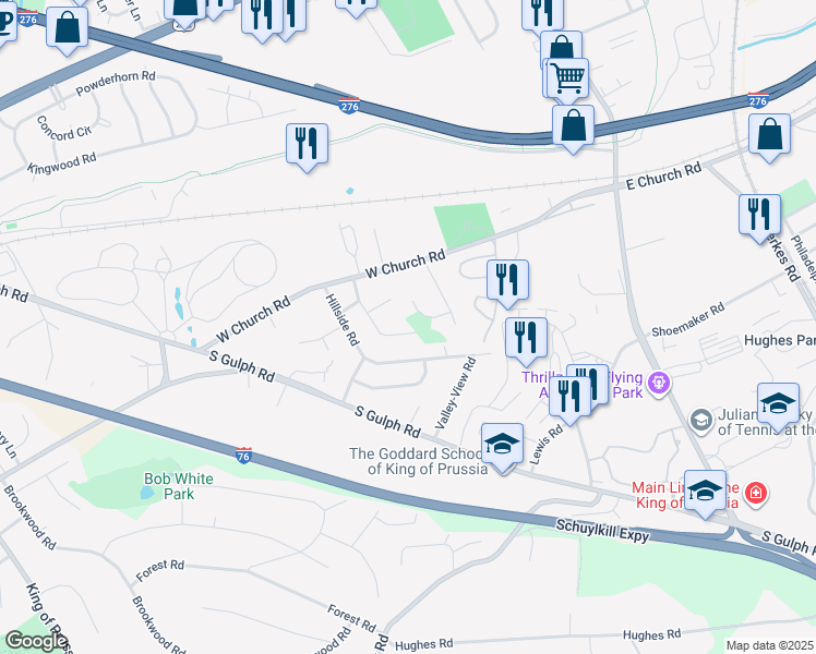 map of restaurants, bars, coffee shops, grocery stores, and more near 396 Lori Lane in King of Prussia