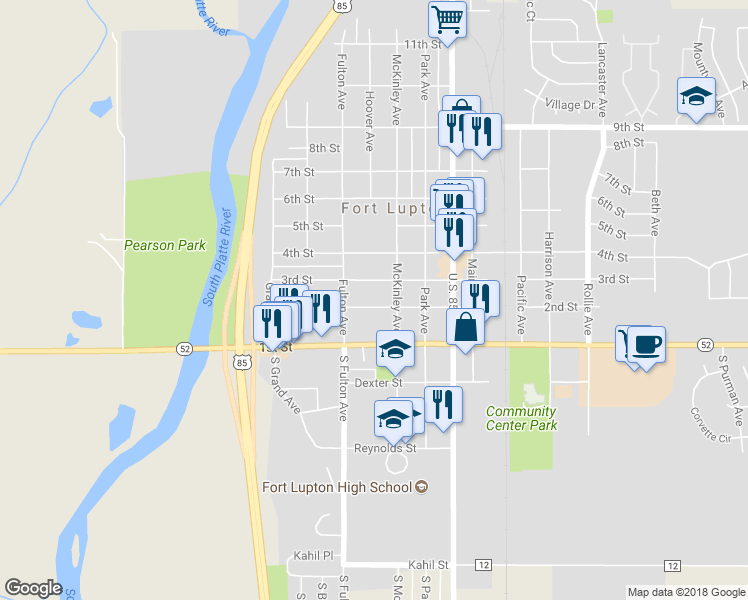 map of restaurants, bars, coffee shops, grocery stores, and more near 401 2nd Street in Fort Lupton