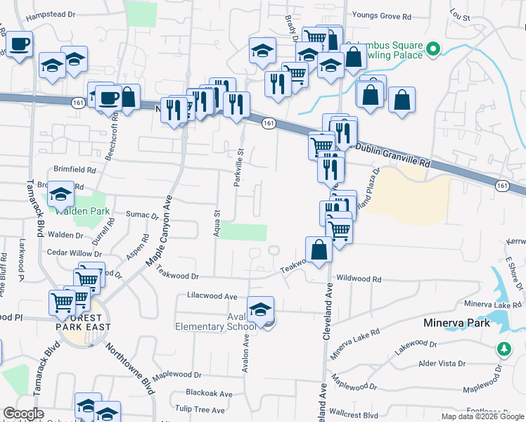 map of restaurants, bars, coffee shops, grocery stores, and more near 5504 Parkshire Drive in Columbus